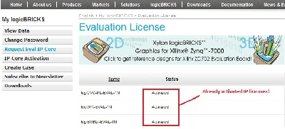 A list of already activated logicBRICKS IP Licenses